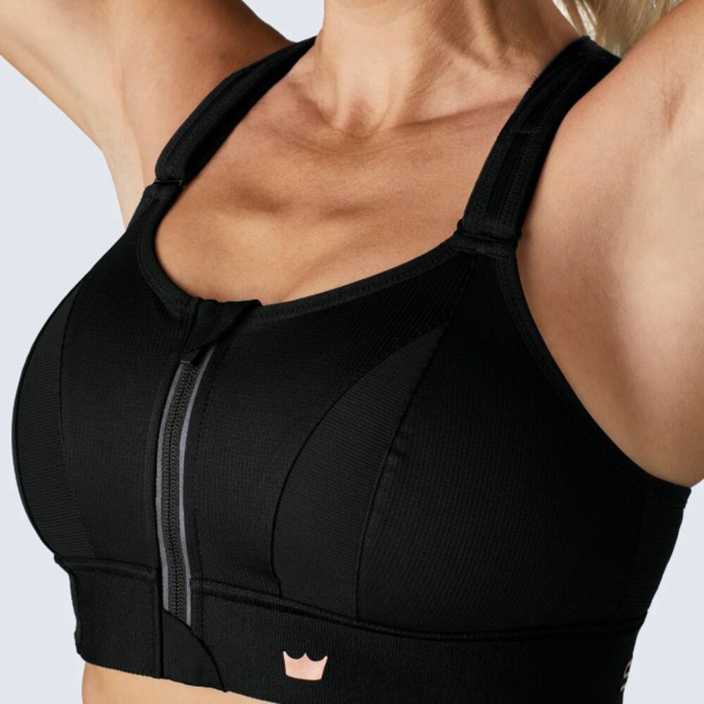 SHEFIT High Support Front-Zip Sports Bra in Black